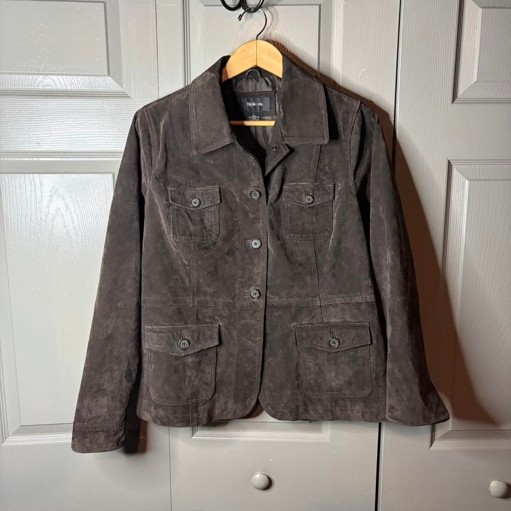 Style & Co Womens Brown Suede Leather Jacket Button Up Utility Field Coat Large
